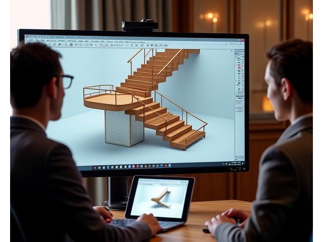 Architect and client reviewing 3D design schematics of a staircase on a large monitor